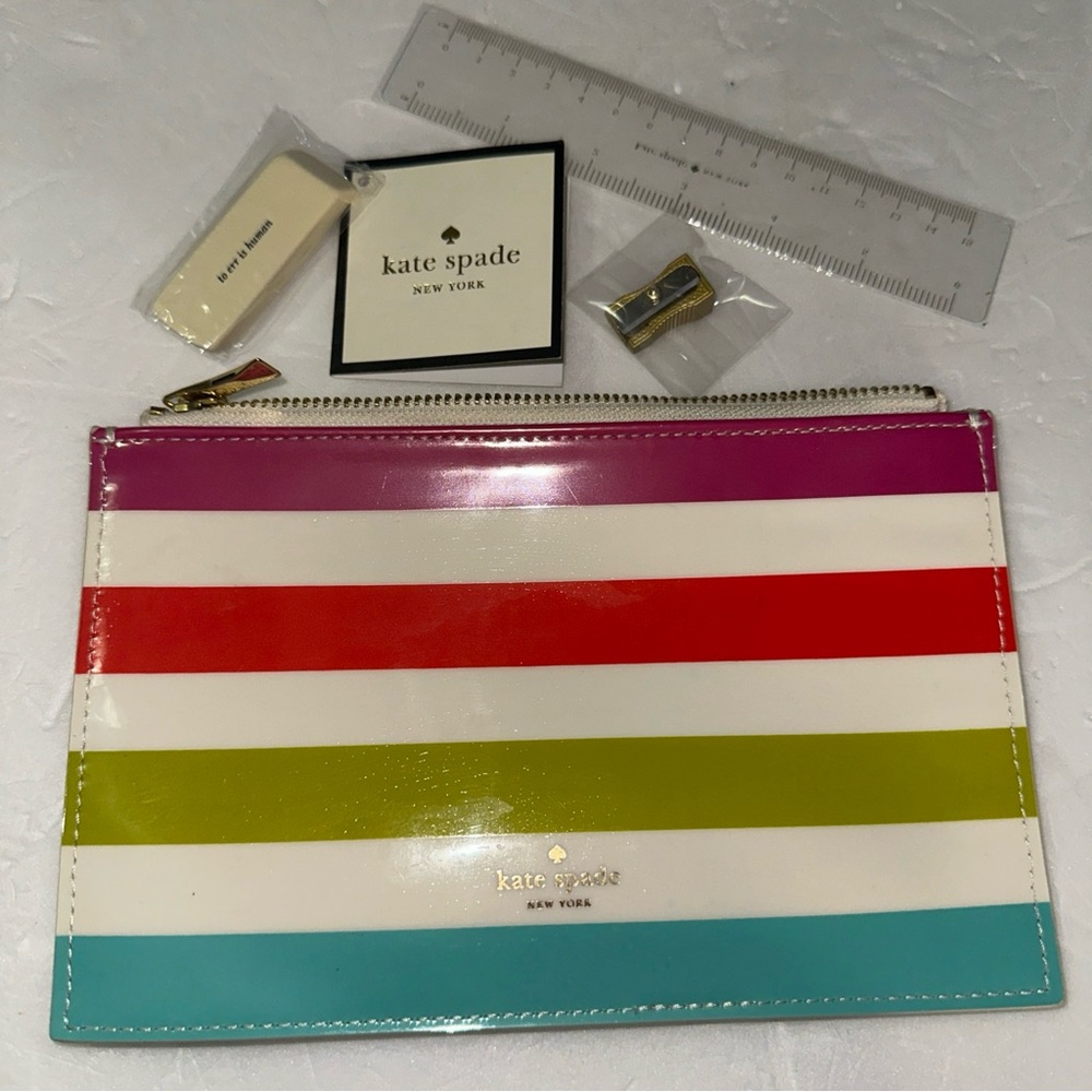 Kate Spade Candy Striped‎ Pencil Pouch With Ruler Eraser Pencil Sharpener New